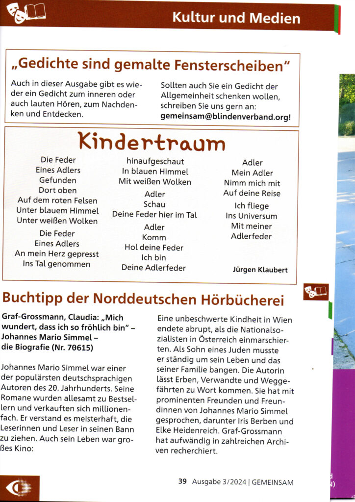 Gedicht Kindertraum von Jürgen Klaubert. Gefolgt von einem Buchtipp der Norddeutschen Hörbücherei.